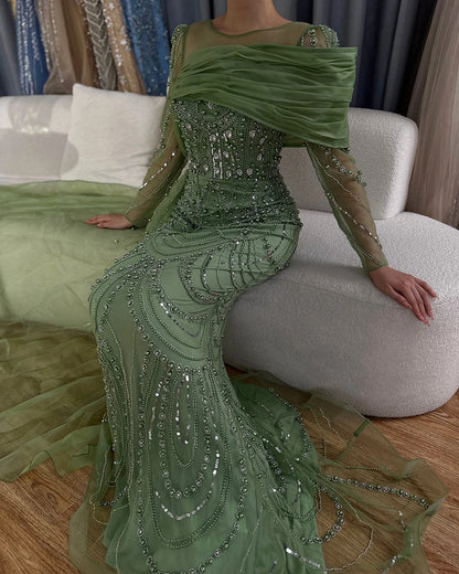 Luxury Designer Nude Crystal Mermaid Evening Dress with Overskirt LA72348 - SERENE HILL