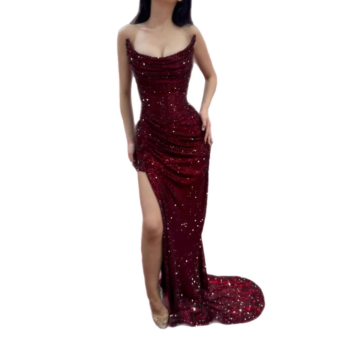 Luxury Evening Dress Wine Red Beaded High Slit Draped Mermaid Gown LA73390 - SERENE HILL
