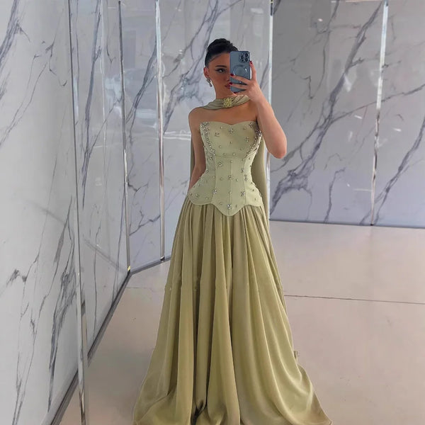 Classy Sage Green Strapless A-Line Chiffon Evening Dress LA73073