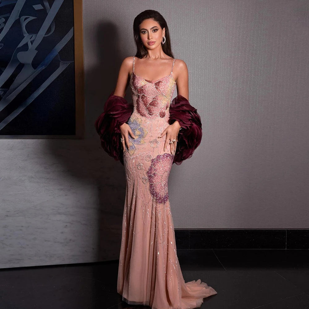 Luxury Designer Dreamy Pink Evening Dress With Cape Sleeves LA72850 - SERENE HILL