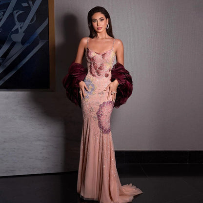 Luxury Designer Dreamy Pink Evening Dress With Cape Sleeves LA72850 - SERENE HILL