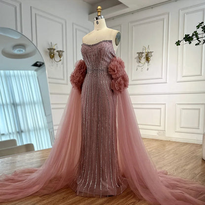 Luxury Pink Beaded Mermaid Arabic Evening Dress with Cape LA73019 - SERENE HILL