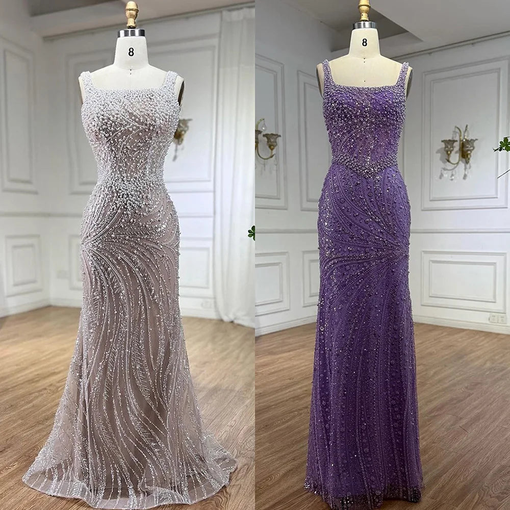 Luxury White Nude Pearl Beaded Mermaid Evening Dress LA72266 - SERENE HILL