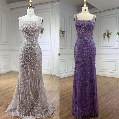 Luxury White Nude Pearl Beaded Mermaid Evening Dress LA72266 - SERENE HILL