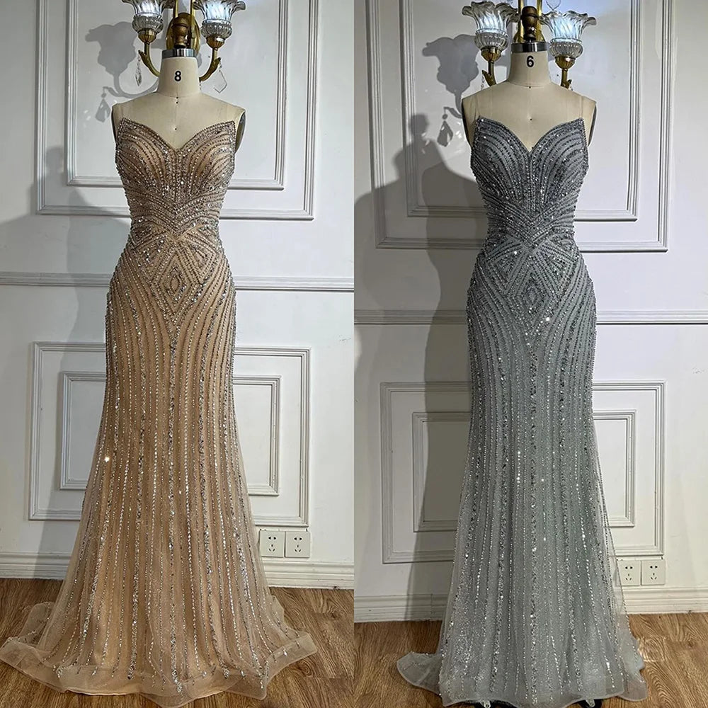 Luxury Nude V Neck Beaded Mermaid Evening Dress Sleeveless LA72981 - SERENE HILL