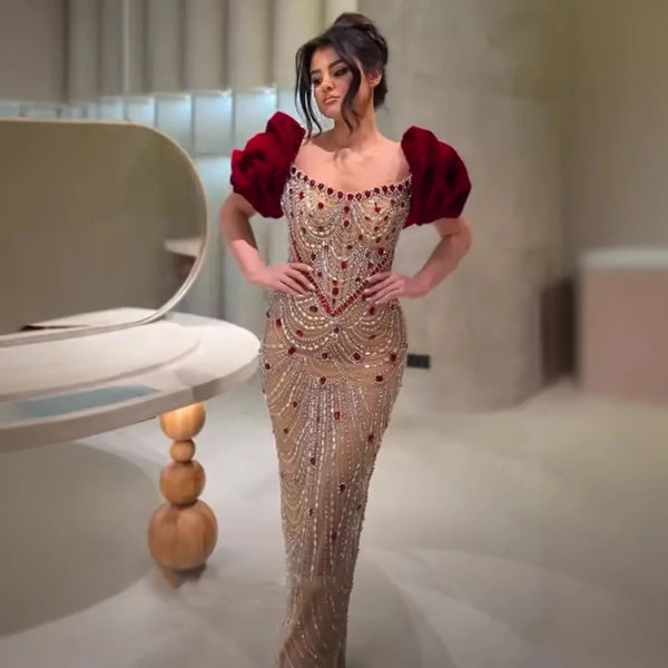 Luxury Beaded Evening Dress Puff Sleeves Pearl Adorned LA72903