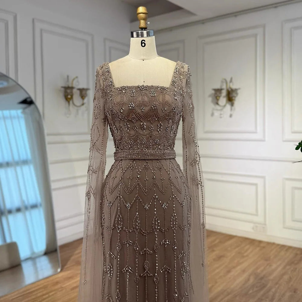 Luxury Arabic Caramel Beaded Evening Dress with Cape Sleeves LA72966A - SERENE HILL