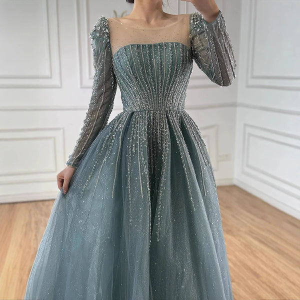Luxury Arabic Turquoise A-Line Beaded Evening Dress LA72991A