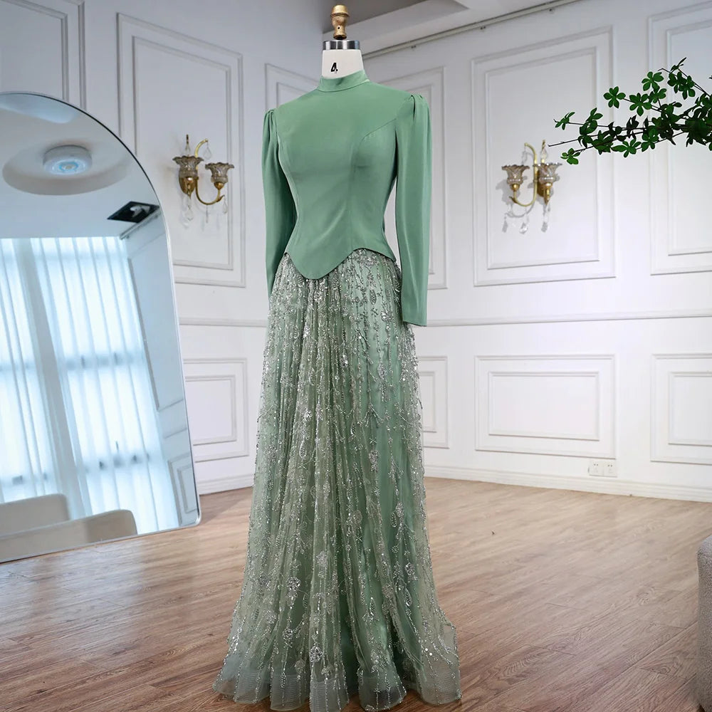 Luxury Sage Green Muslim Beaded Evening Dress LA72805A - SERENE HILL
