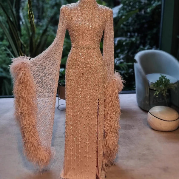 Elegant Rose Gold Evening Dress Featuring Feathered Cape Sleeves LA72947