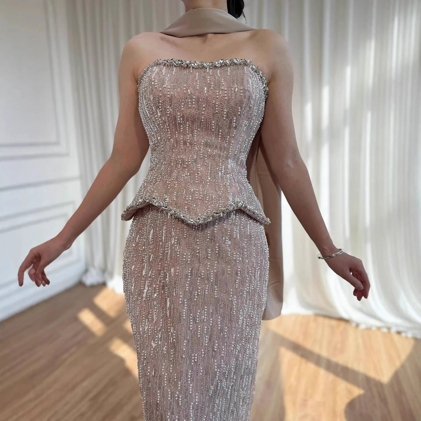 Luxury Nude 2 Pieces Pearl Sequin Evening Dress with Scarf LA73076A - SERENE HILL