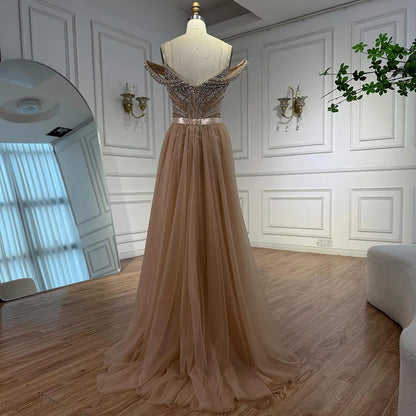 Luxury Nude Arabic Crystal Beaded Mermaid Off Shoulder Evening Dress LA73128 - SERENE HILL