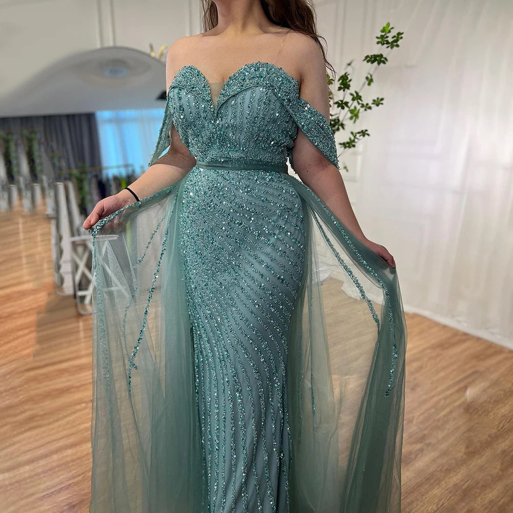 Serene Hill Nude Mermaid Elegant With Overskirt Off Shoulder Beaded Split Evening Dresses Gowns For Woman Party 2024 LA71728 - SERENE HILL