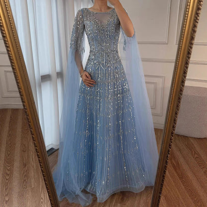Luxury Blue A-Line Evening Dress with Beaded Cape Sleeves LA72666 - SERENE HILL