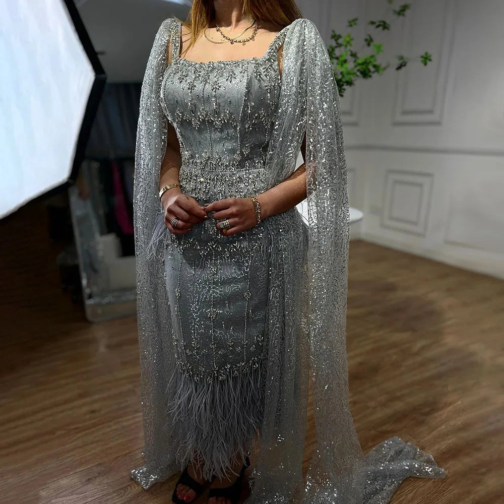luxury Bling Gray Mermaid Feather Arabic Midi  Evening Dress with Cape 