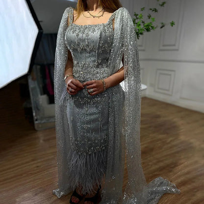 Bling Gray Mermaid Feather Arabic Midi Evening Dress with Cape LA72334 - SERENE HILL