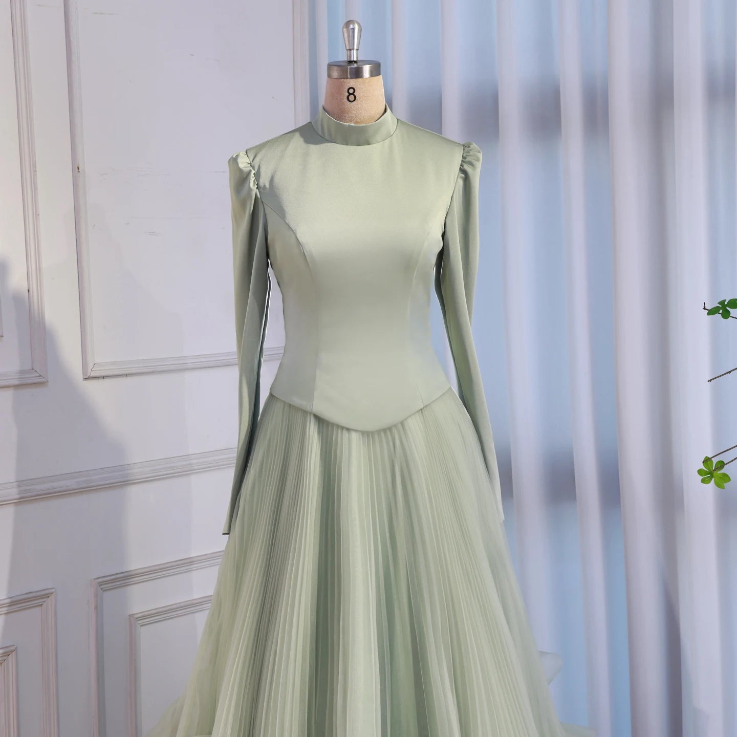 Luxury Sage Green Modest Muslim 3D Flower A-Line Evening Dress LA72913B - SERENE HILL