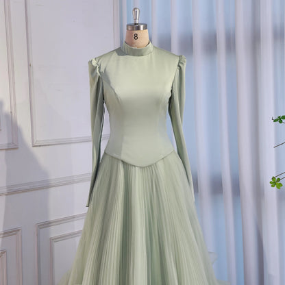 Luxury Sage Green Modest Muslim 3D Flower A-Line Evening Dress LA72913B - SERENE HILL