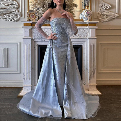 Dubai Luxury Blue Beaded Pearls Evening Gown with Overskirt LA72705 - SERENE HILL