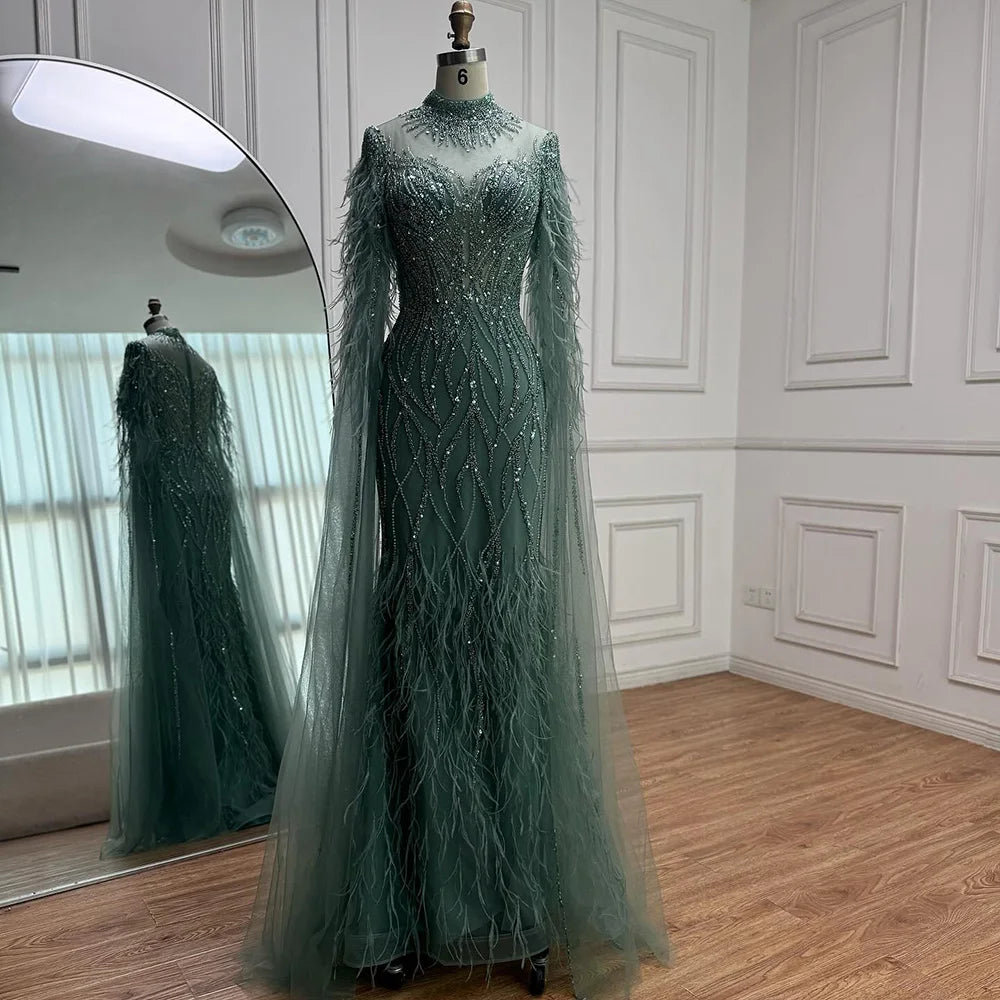 Luxury Nude Feather Beaded High Neck Formal Evening Dress for Women LA71885C - SERENE HILL