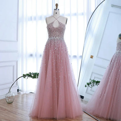 Caramel Halter Beaded Tulle A-Line Evening Gown Dubai Saudi LA72863 - SERENE HILL