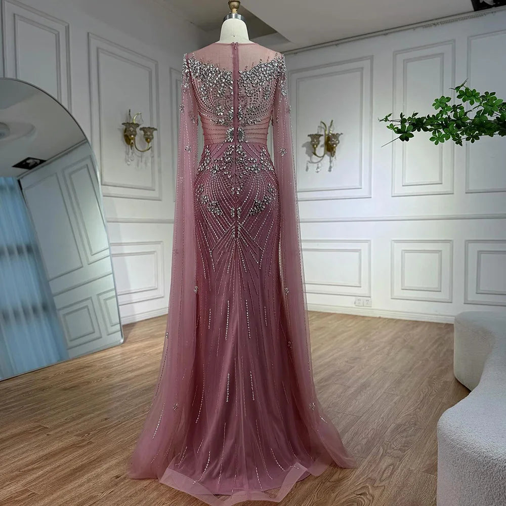 Luxury Pink Arabic Crystal Beaded Mermaid Evening Dress with Cape Sleeves LA73137 - SERENE HILL