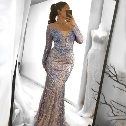 Luxury Dubai White Nude Mermaid Evening Dress With Long Sleeve LA72634 - SERENE HILL