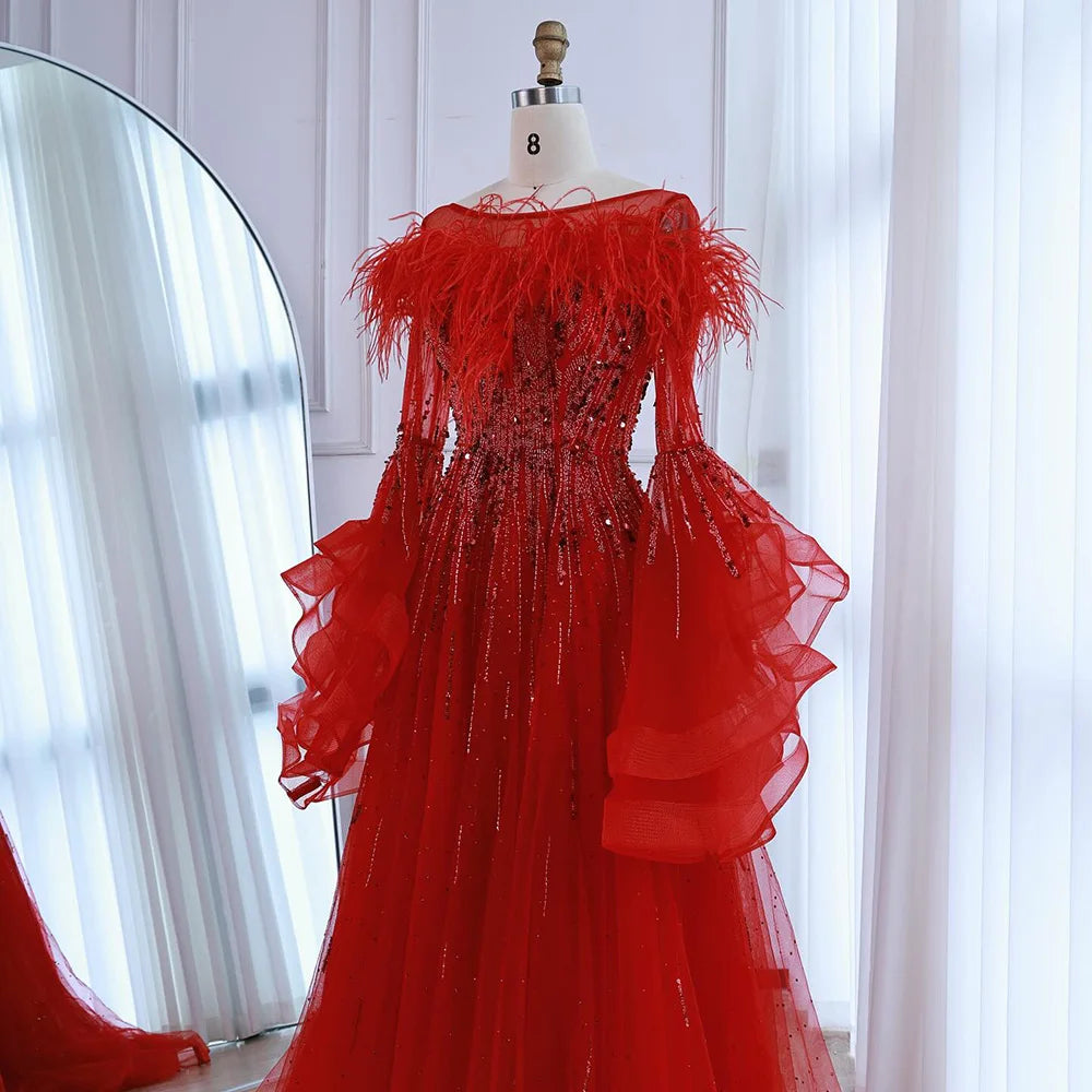 Luxury Red Feathered A-Line Evening Dress with Puffy Sleeves LA73080 - SERENE HILL