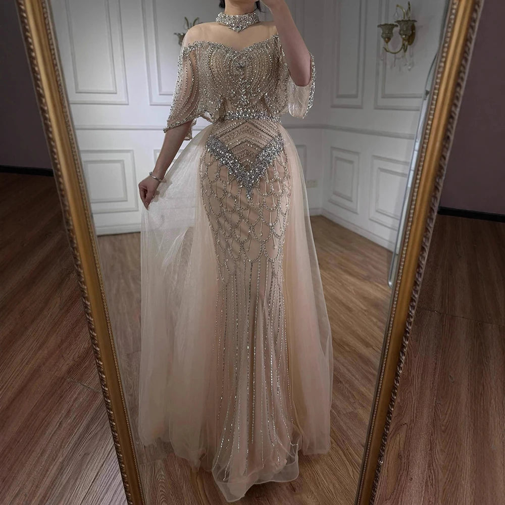 Luxury Gray Beaded Evening Dress with Overskirt LA73129 - SERENE HILL