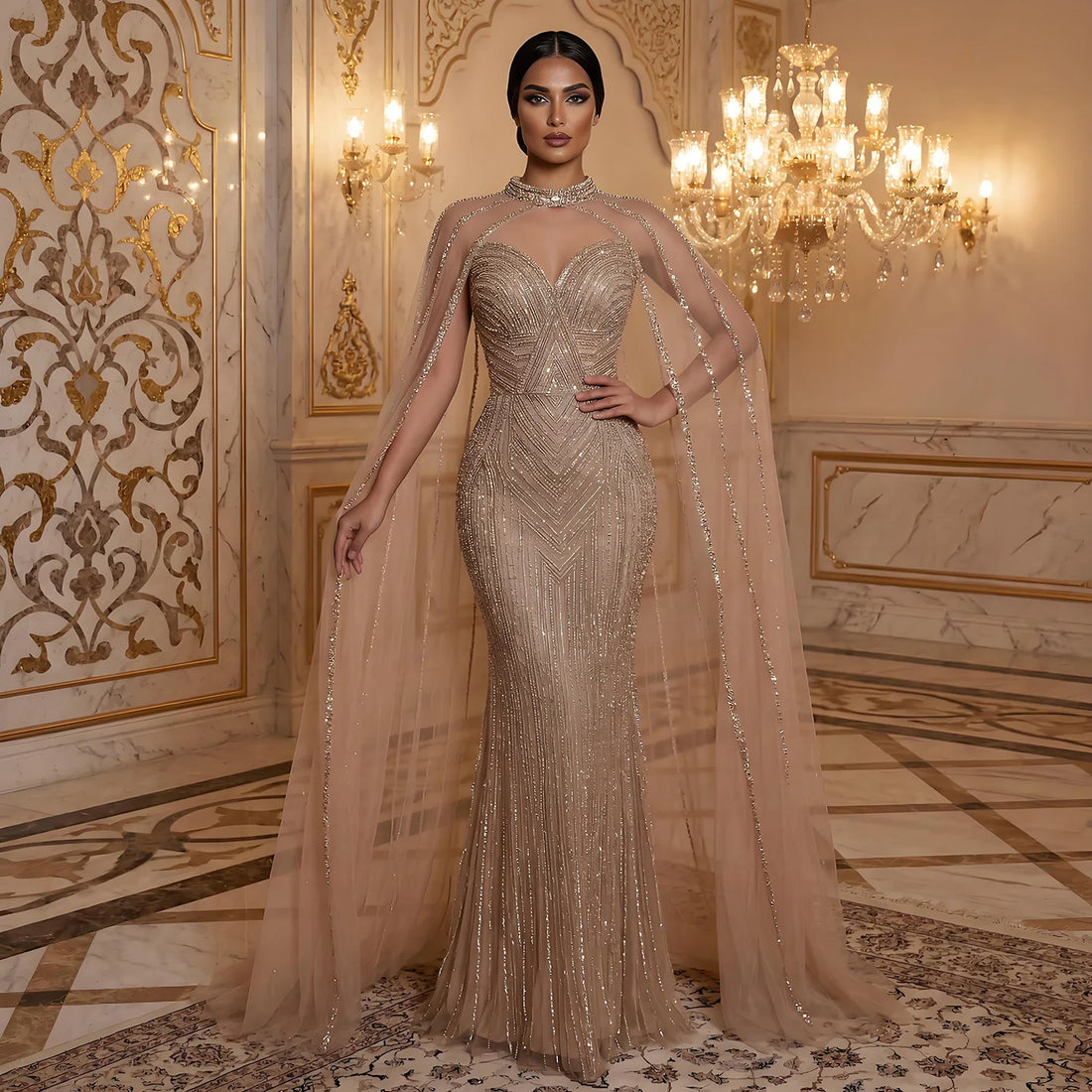 Luxury Caramel Beaded Mermaid Evening Dress with Cape Sleeves LA72233B