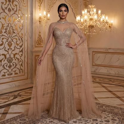 Luxury Caramel Beaded Mermaid Evening Dress with Cape Sleeves LA72233B