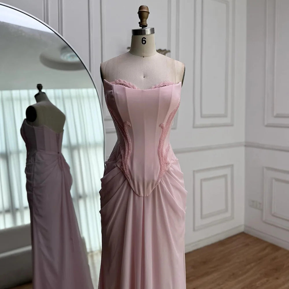 Pink Draped Satin Evening Dress with Rose Neck LA72946 - SERENE HILL