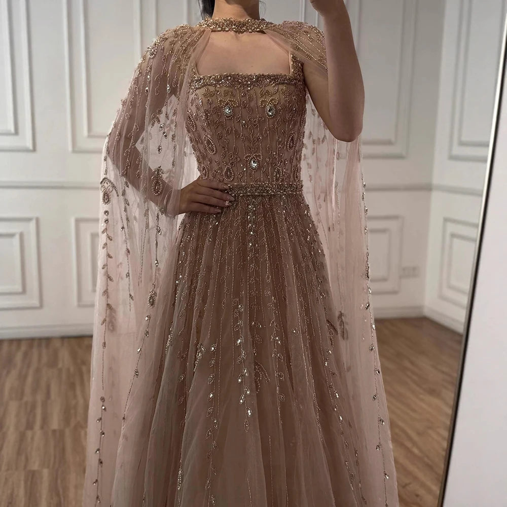 Luxury Arabic Nude Square Neck Beaded A-Line Evening Dress With Cape LA72835 - SERENE HILL