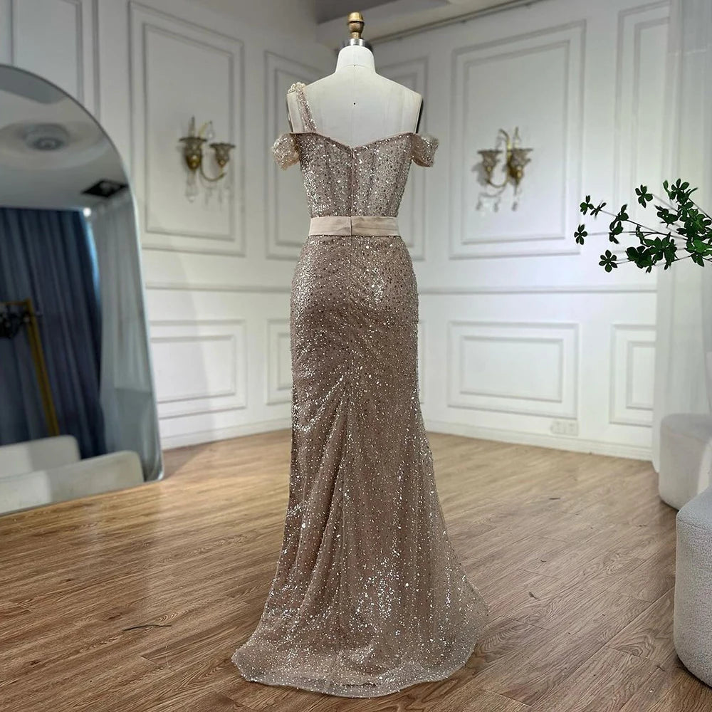 Luxury Nude Arabic One Shoulder Beaded Mermaid Evening Dress LA72318B - SERENE HILL