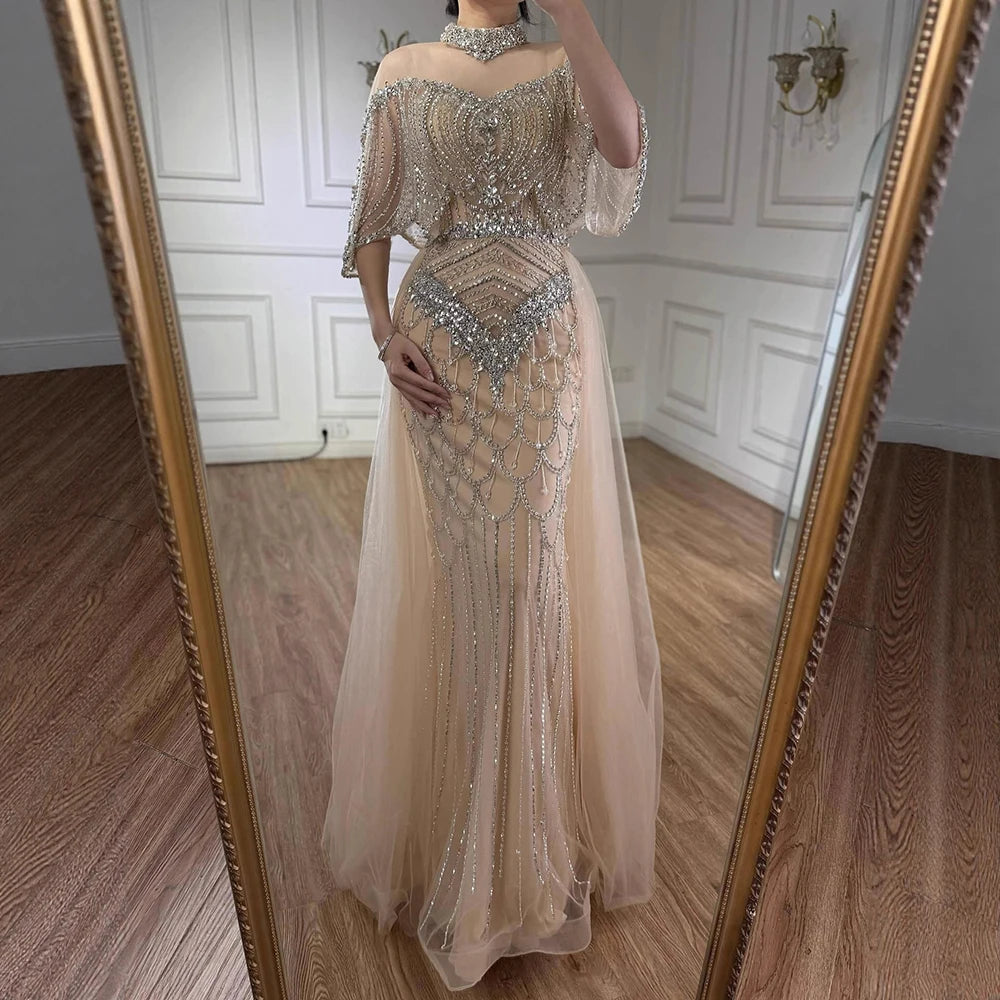 Luxury Gray Beaded Evening Dress with Overskirt LA73129 - SERENE HILL