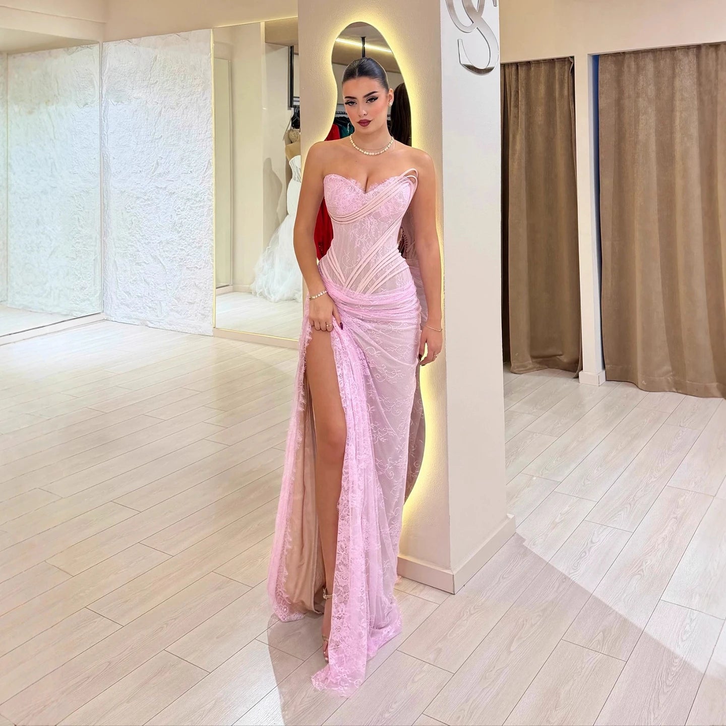 Luxury Pink Saudi Arabic Lace Embroidery Evening Dress LA73373 - SERENE HILL