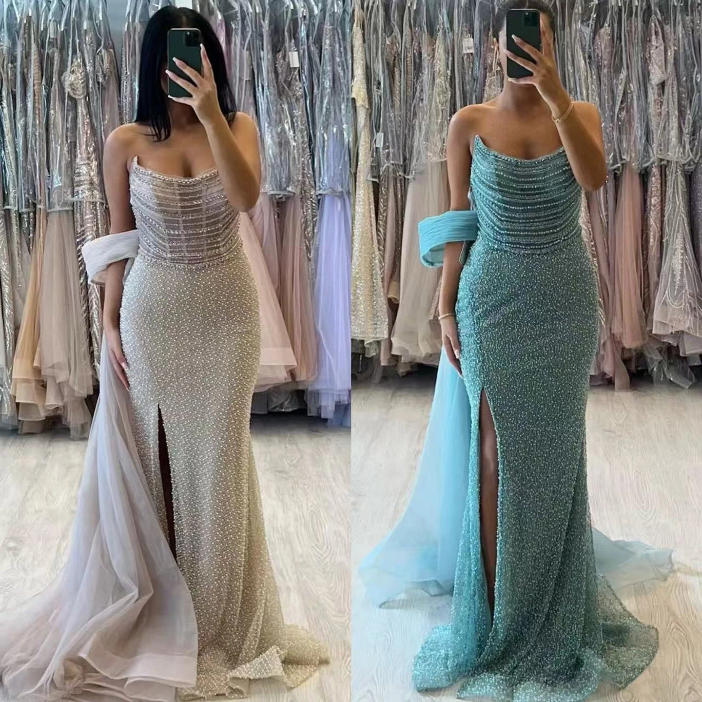 Luxury Evening Dress Nude BeadedSheath Gown With Tulle Train LA73388 - SERENE HILL