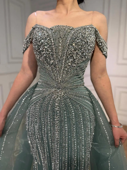 Luxury Beaded Nude Off Shoulder Mermaid Evening Dress LA73392 - SERENE HILL