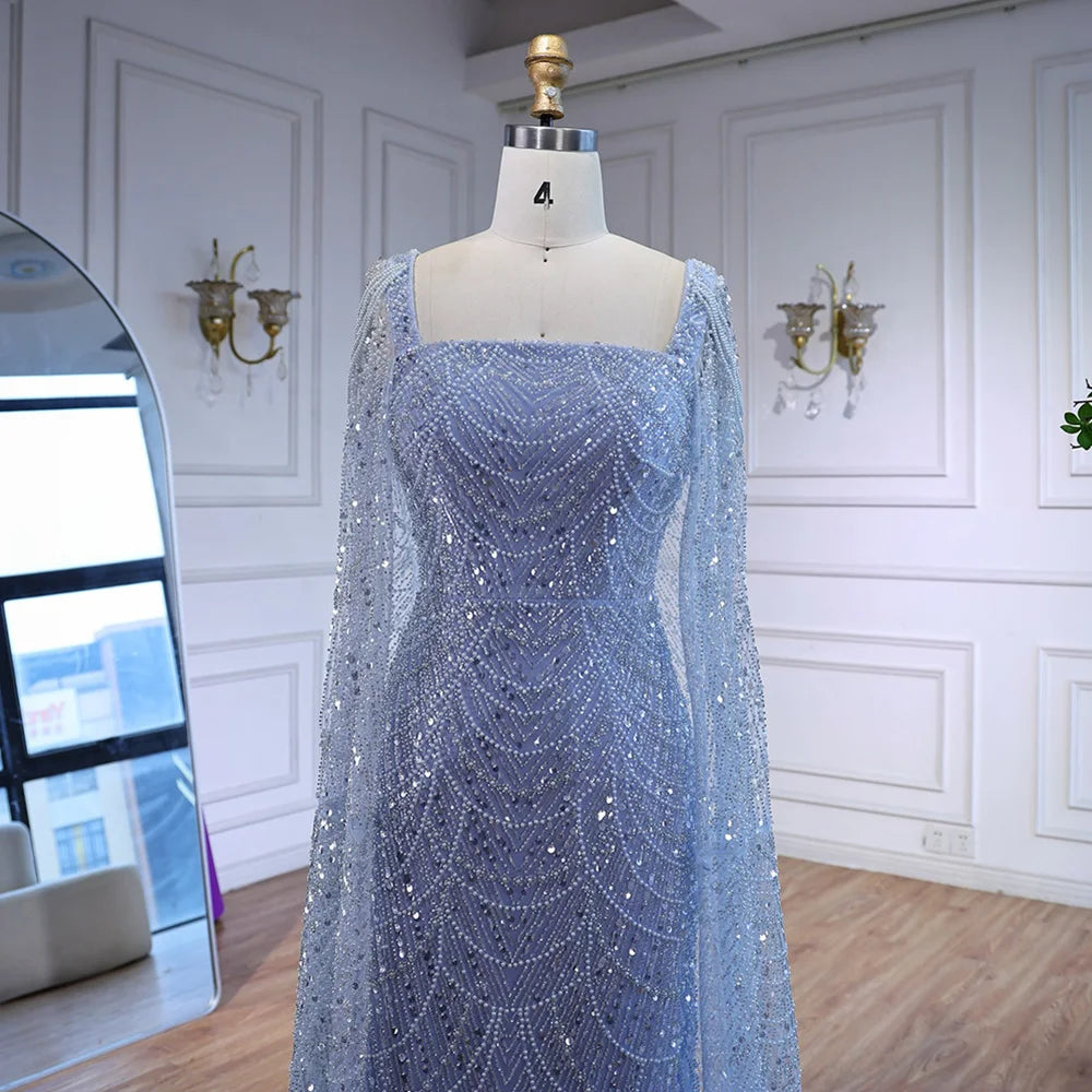 Luxury Turquoise Beaded Pearl Arabic Evening Dress with Cape Sleeves LA72590 - SERENE HILL