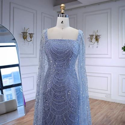 Luxury Turquoise Beaded Pearl Arabic Evening Dress with Cape Sleeves LA72590 - SERENE HILL