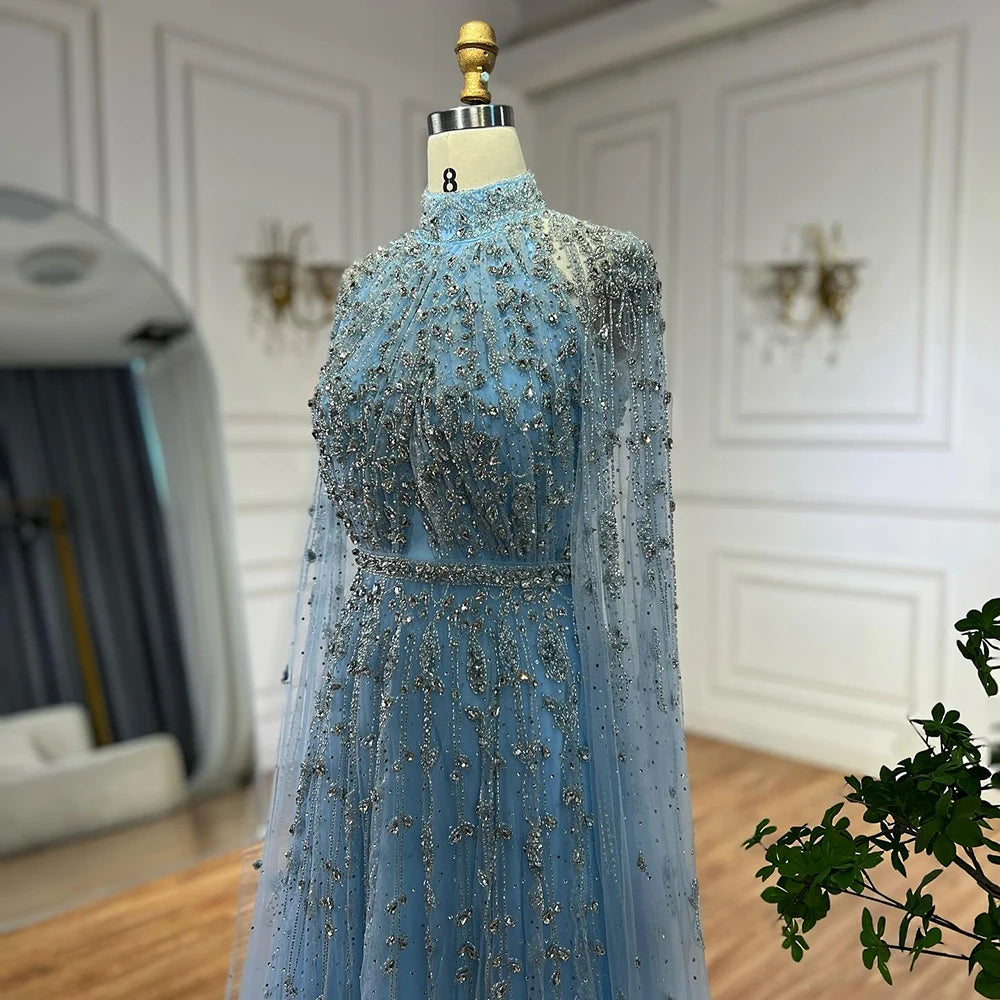 Luxury Blue Beaded A-Line Evening Gown with Cape Sleeves LA71803G - SERENE HILL