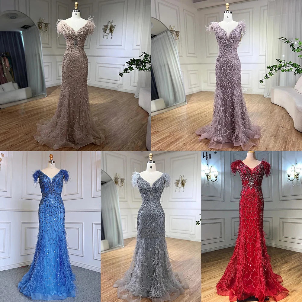 Champagne Luxury V-Neck Sexy Mermaid Evening Dresses 2025 Diamond Feathers Sleeveless Formal Dress Serene Hill LA70350 - SERENE HILL