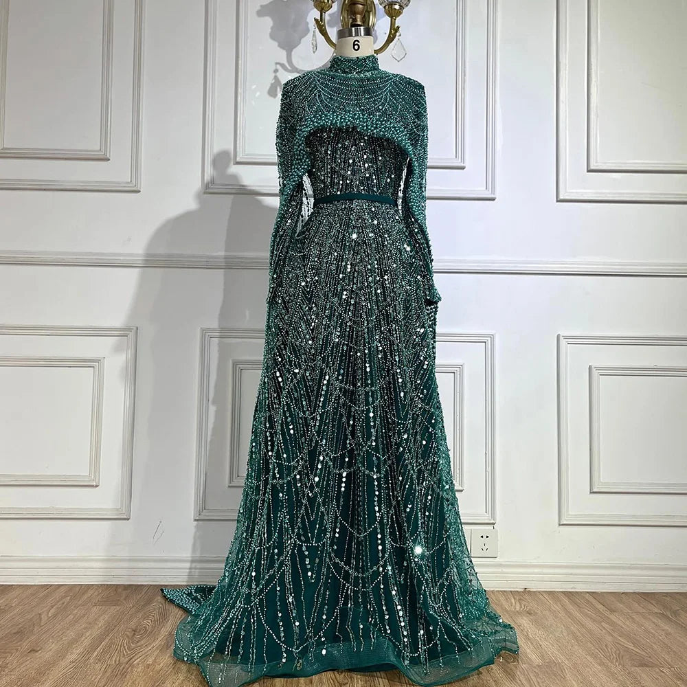 Luxury Modest Sage Green Evening Dress with Pearls LA72032B White / 4 Luxury Modest Sage Green Evening Dress with Pearls LA72032B White / 4