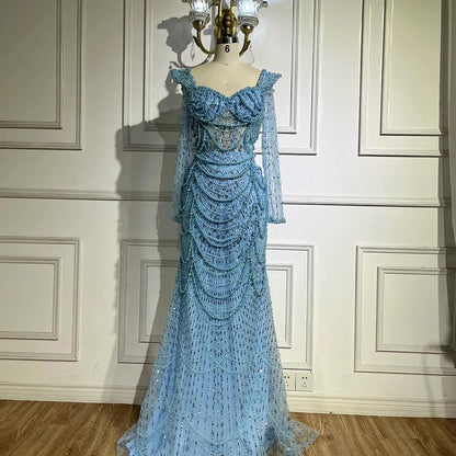 Serene Hill Arabic Sage Green Sweetheart Mermaid Pearls Beaded Luxury Dubai Evening Gown for Women&