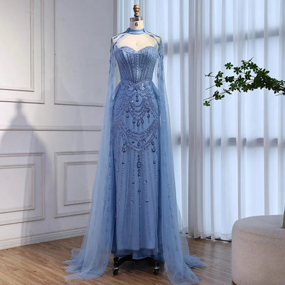 Luxury Blue Sequin Beaded Evening Dress with Cape Sleeves LA73108 - SERENE HILL