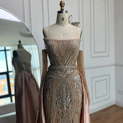 Luxury Wine Red Beaded Evening Dress Gown with Gloves and Overskirt LA72935 - SERENE HILL