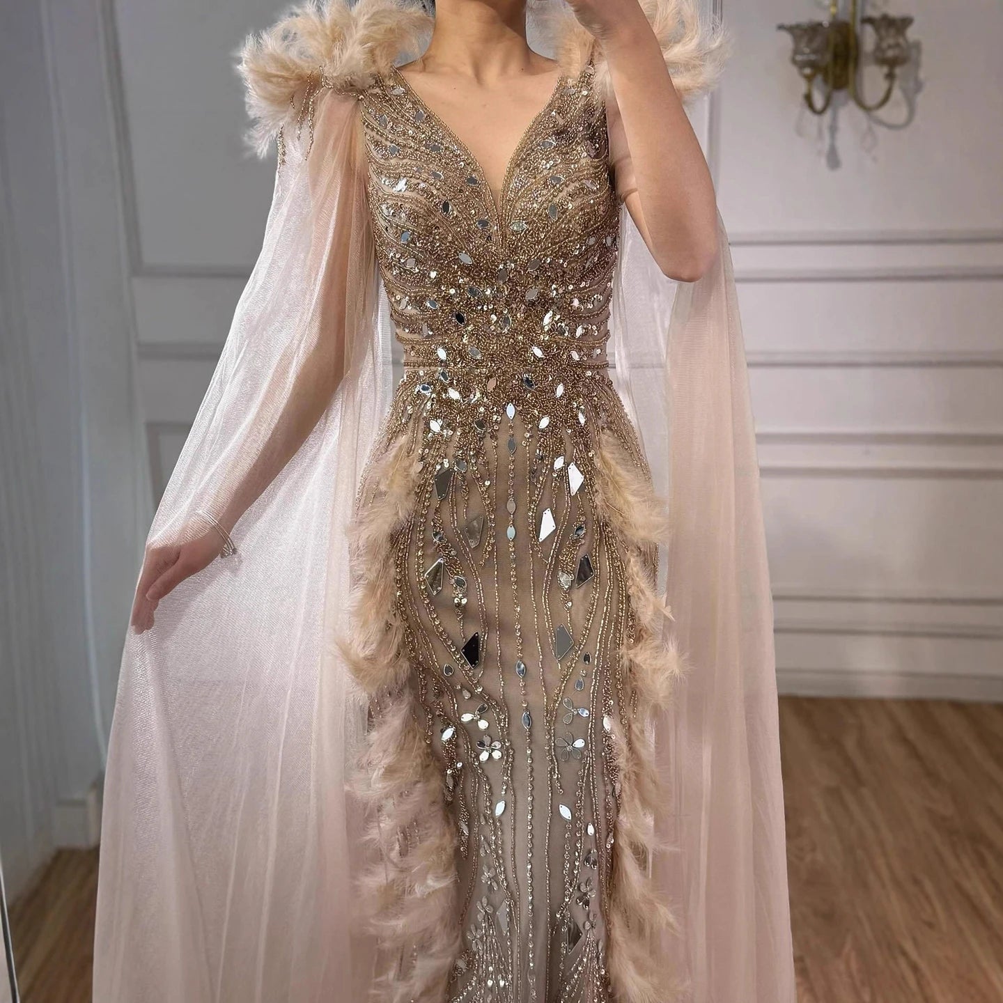 Luxury Caramel Feather Mirror Beaded Mermaid Evening Dress With Cape LA73328 - SERENE HILL