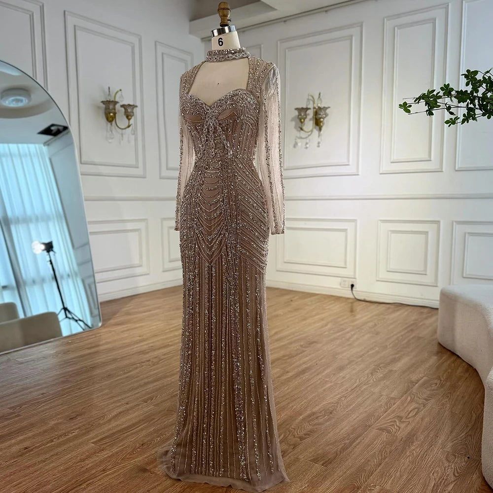 Caramel Beaded Mermaid Evening Dress with Long Sleeves LA72560B - SERENE HILL