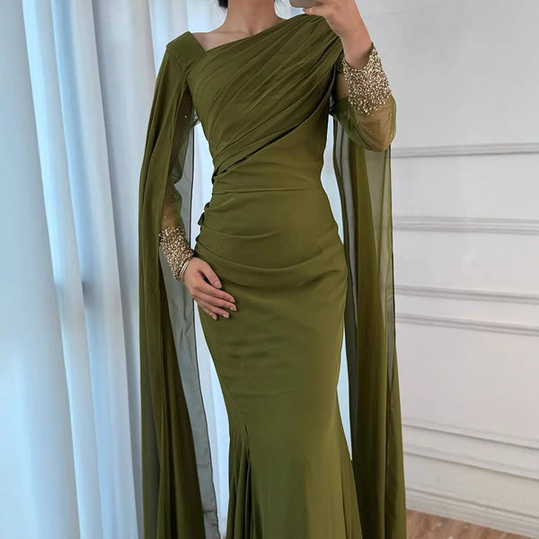 Luxury Olive Green Beaded Stretch Mermaid Evening Dress LA73092