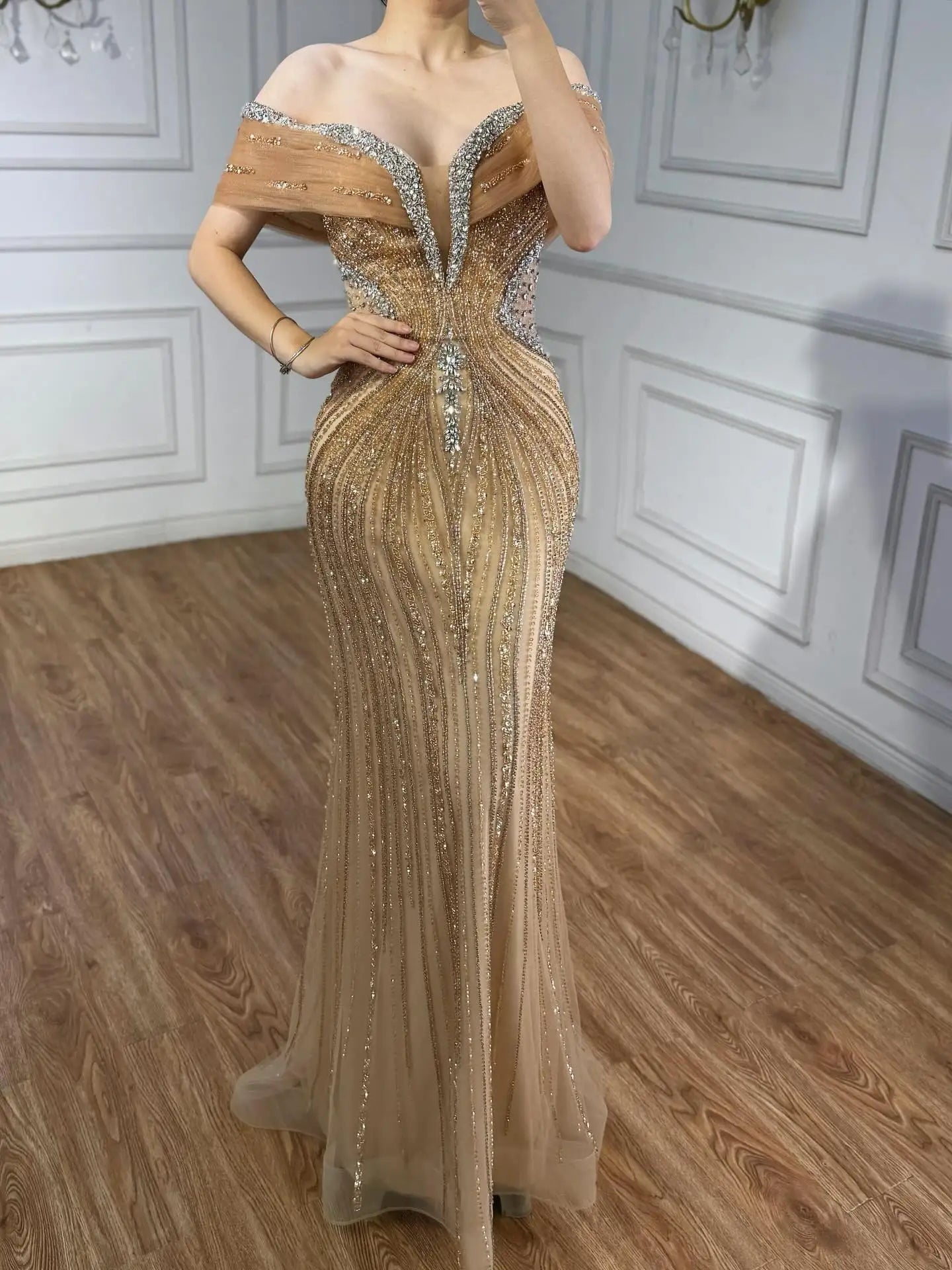 Luxury Saudi Arabic Gold Luxury Crystal Beaded Mermaid Evening Dress LA73142A - SERENE HILL